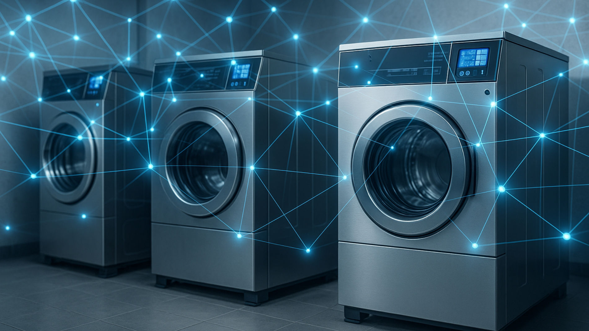 Three connected washing machines with digital lines visualising digitalisation in laundry technology.