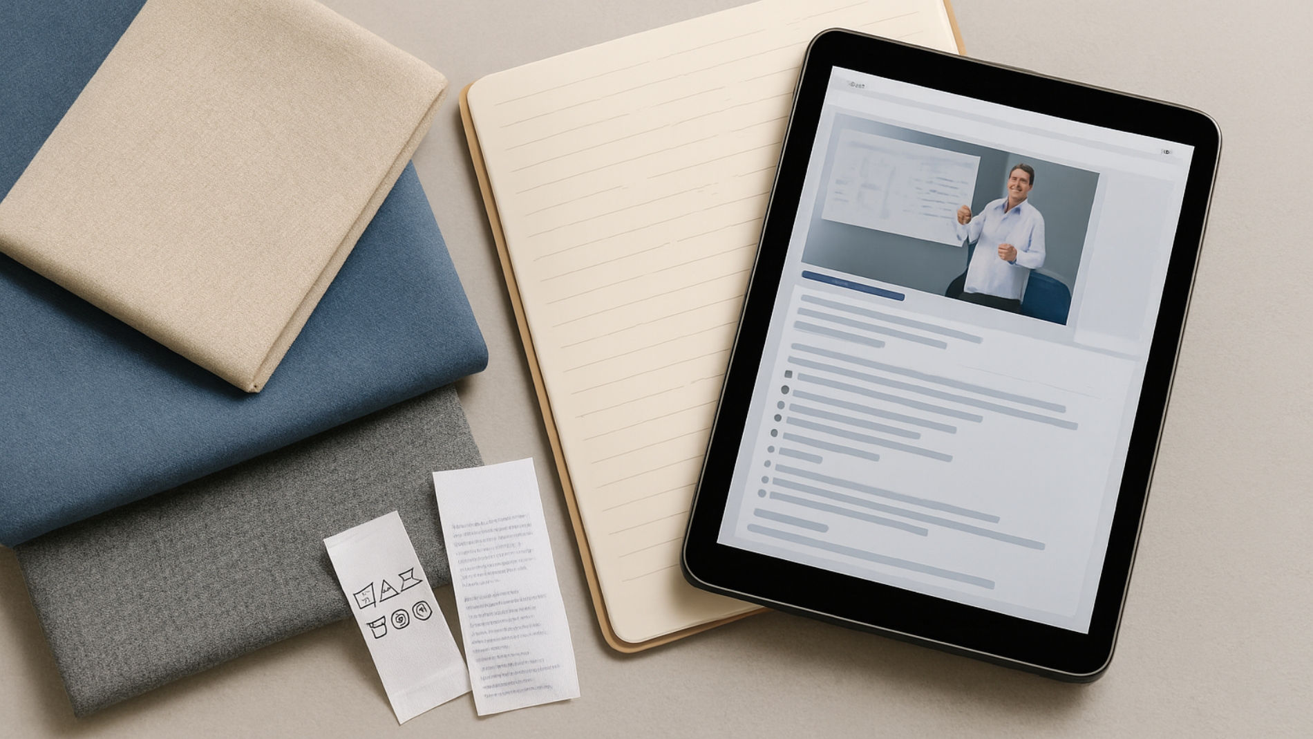Tablet mit Online-Schulung, Stoffmustern und Pflegeetiketten – digitale Weiterbildung in der Textilpflege