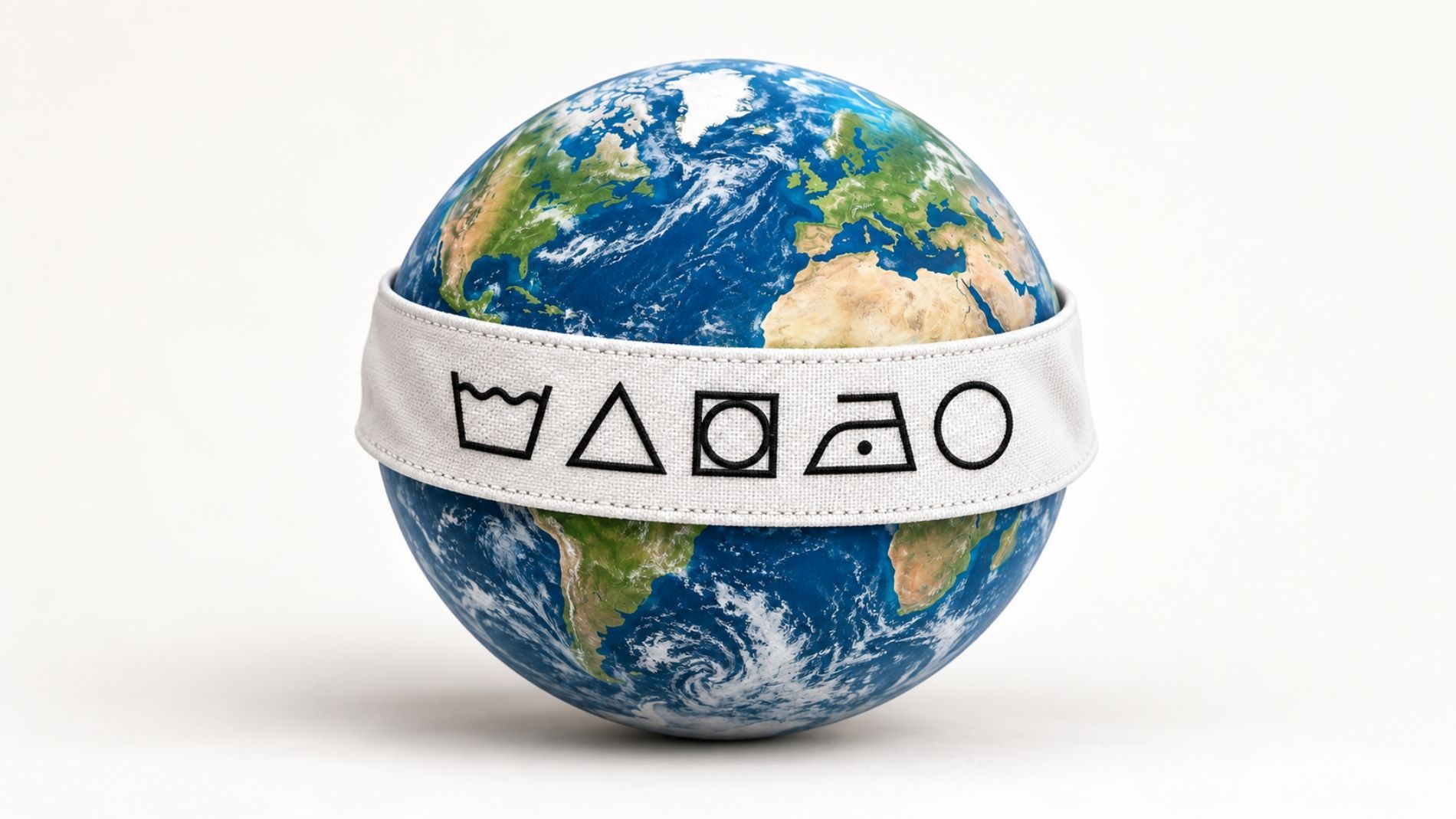 Globe wrapped in a white fabric band displaying the five international textile care symbols for washing, bleaching, drying, ironing and professional cleaning.