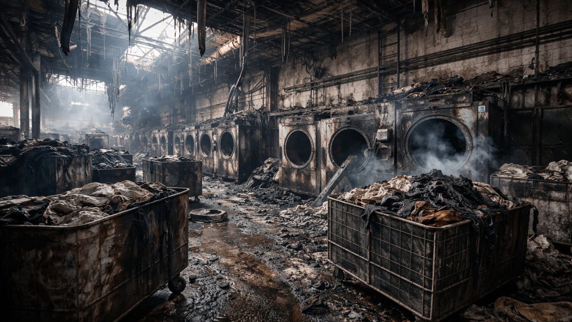 Ausgebrannte Wäschereimaschinen nach Industriebrand