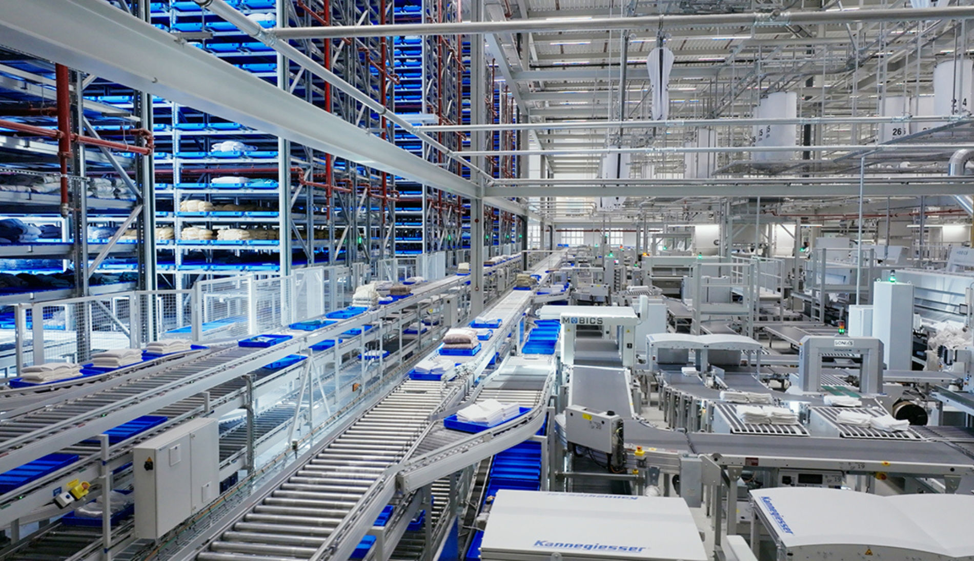 Automated textile warehouse with conveyors and storage systems