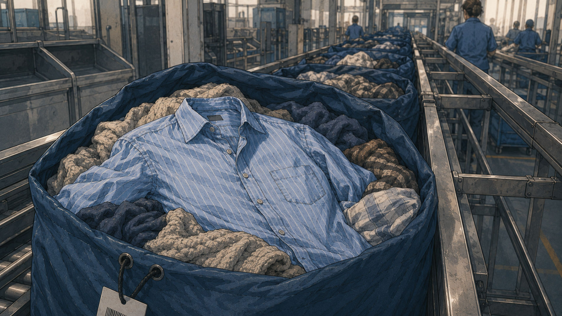 Residents’ laundry in laundry bag on conveyor