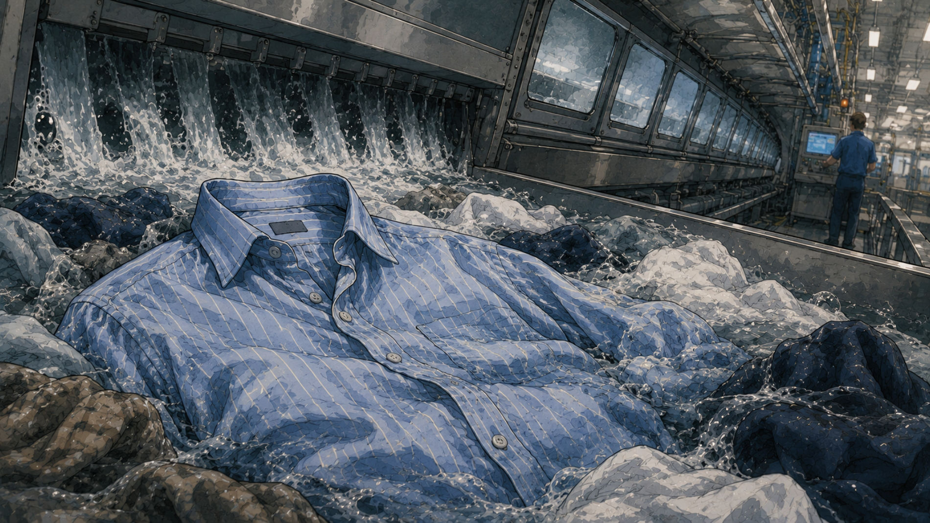 Residents’ laundry passes through industrial washing line