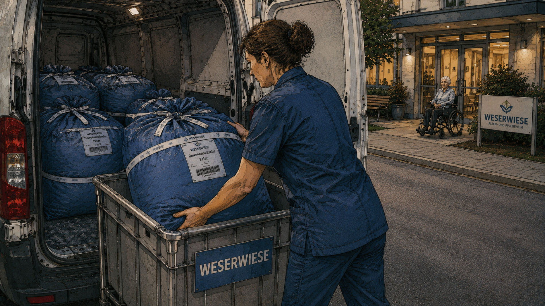 Employee loads residents’ laundry into delivery van