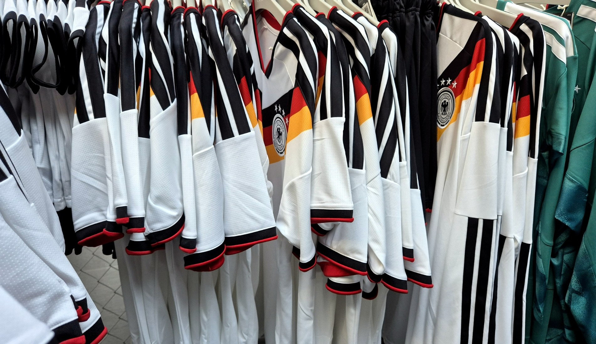 Germany football shirts on display in fan shop
