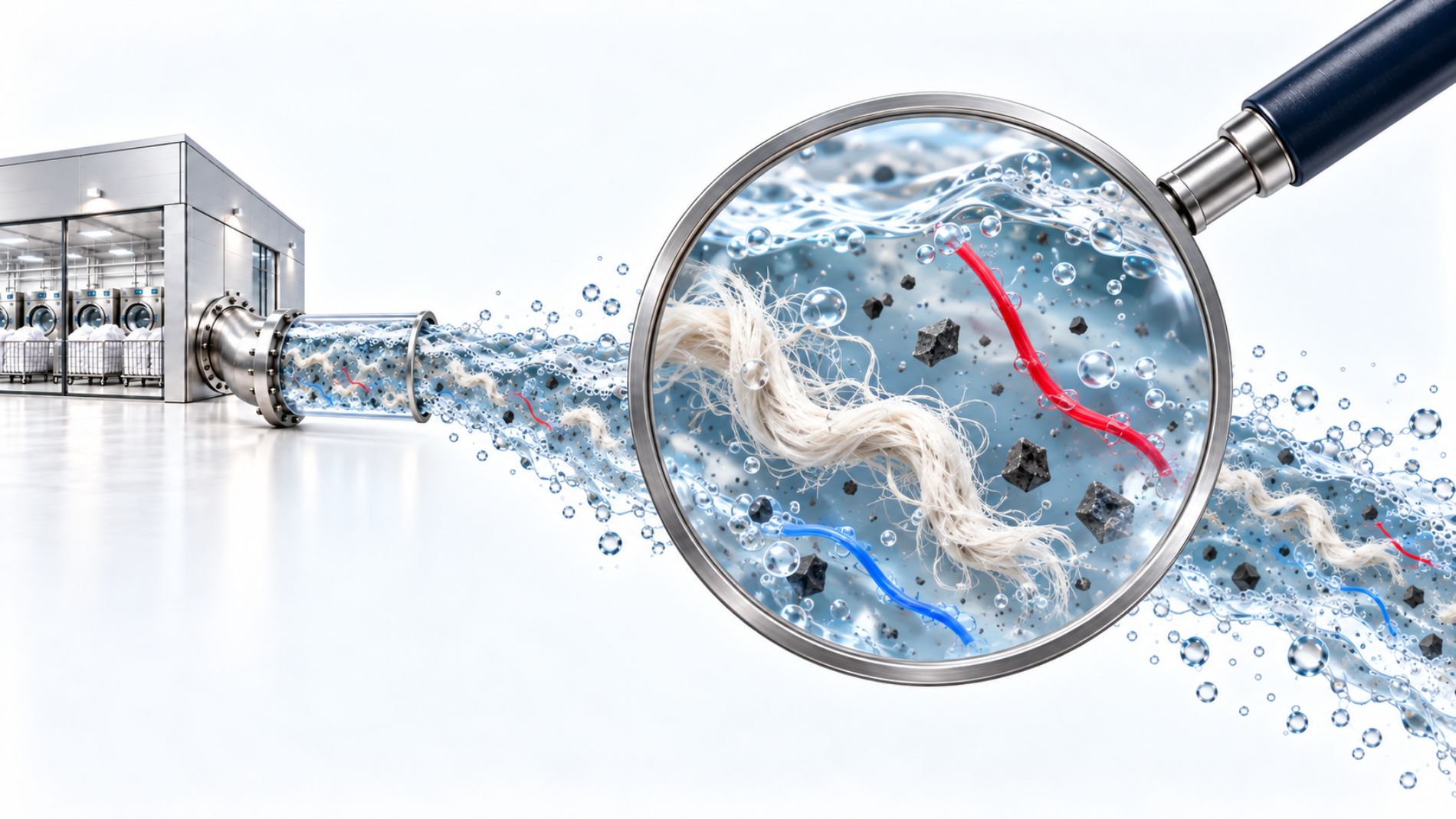 Microfibres and dirt particles in magnified laundry wastewater