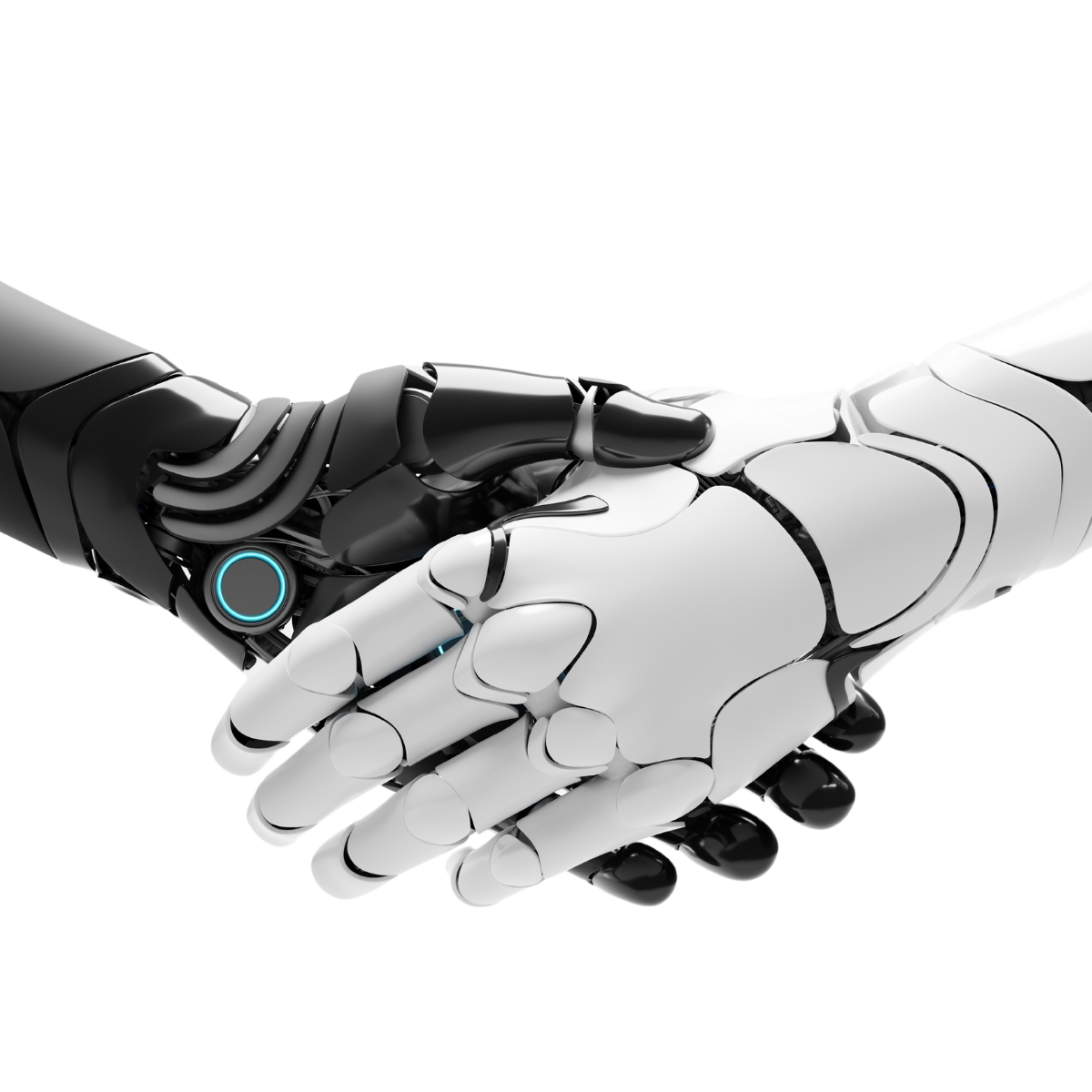 Two robotic hands shake hands