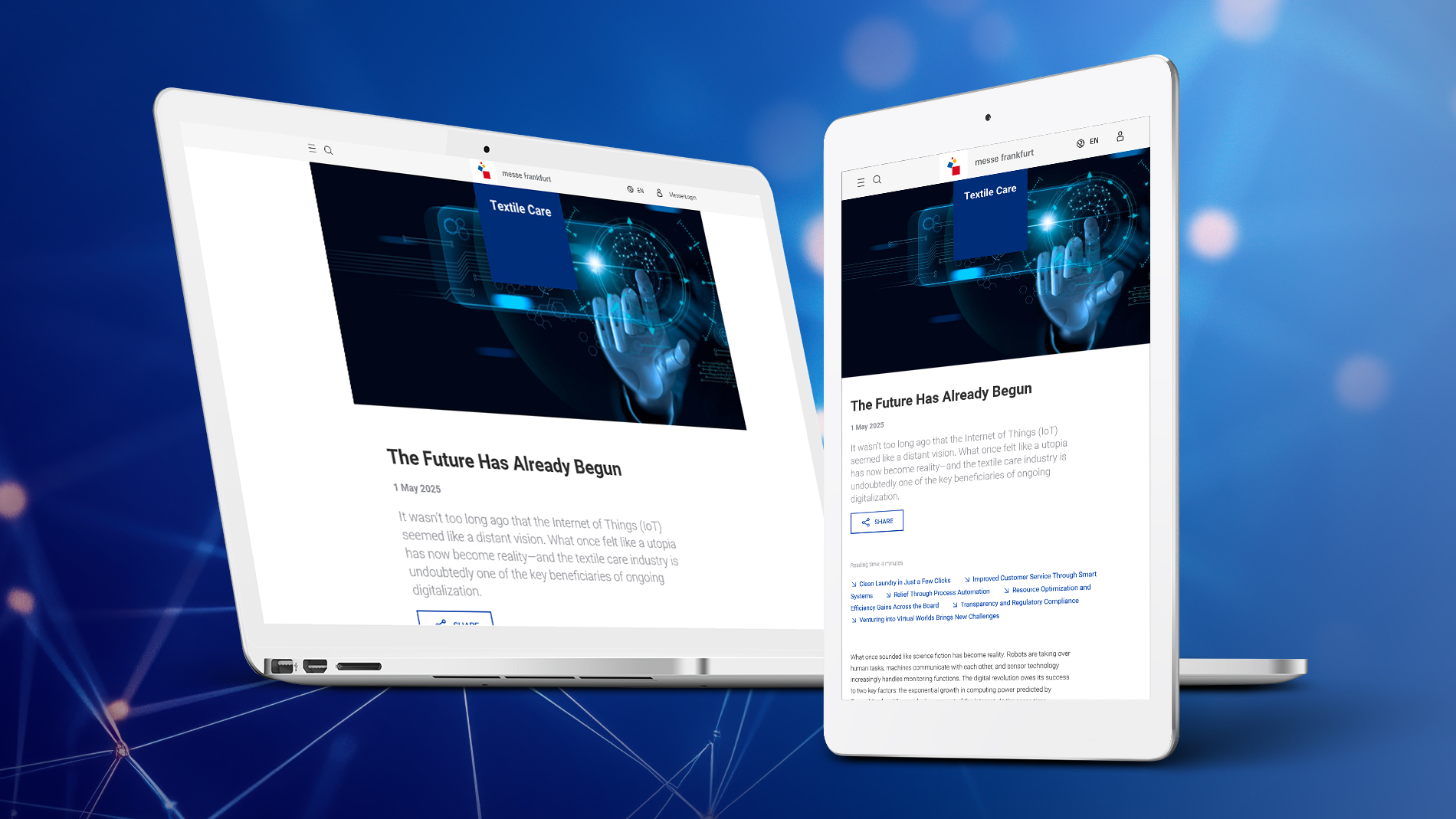 Textile Care website on laptop and tablet – advertorial on digitalisation and the future of textile care.