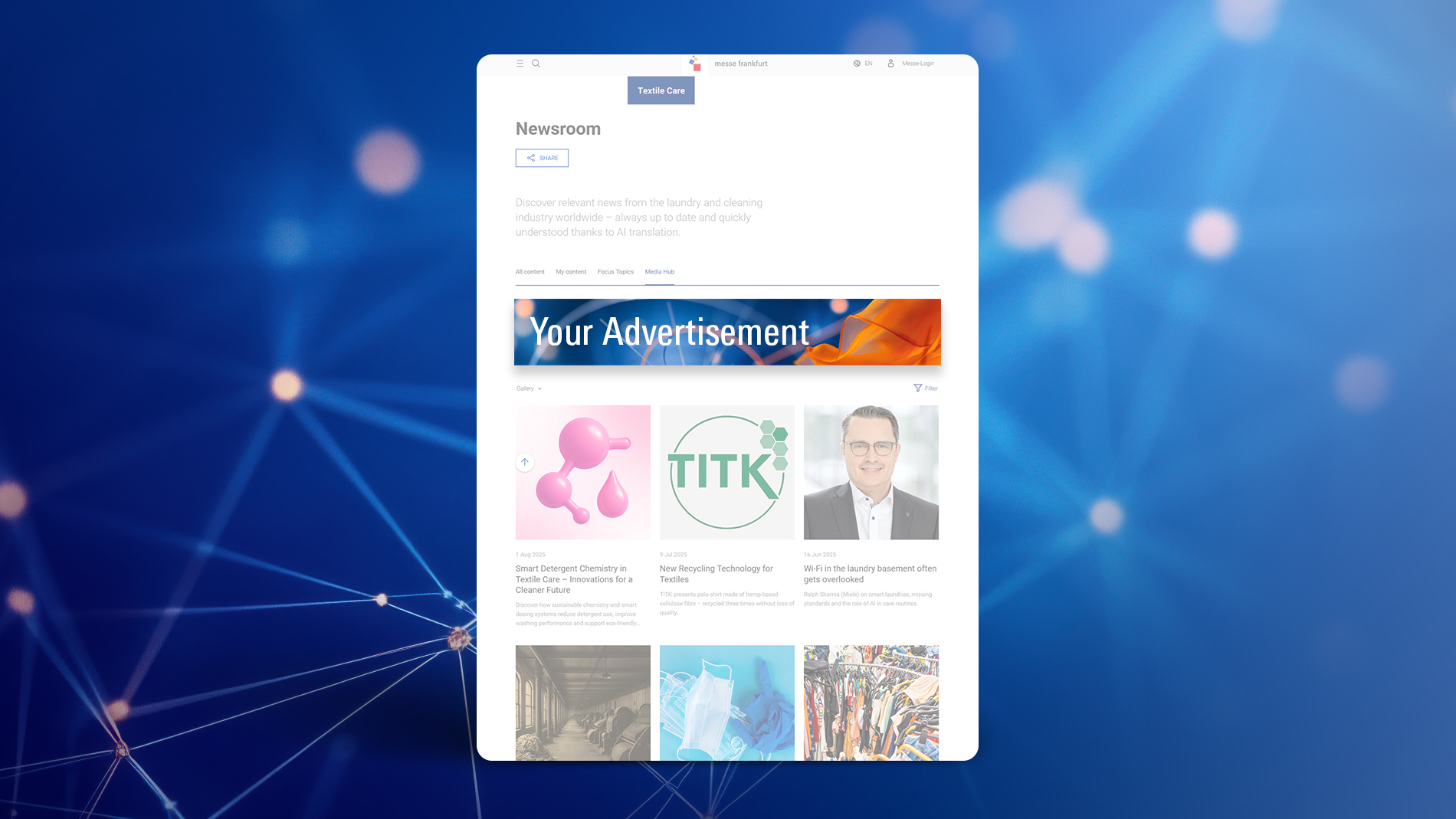 Textile Care newsroom with online banner and latest articles from the textile and cleaning industry.