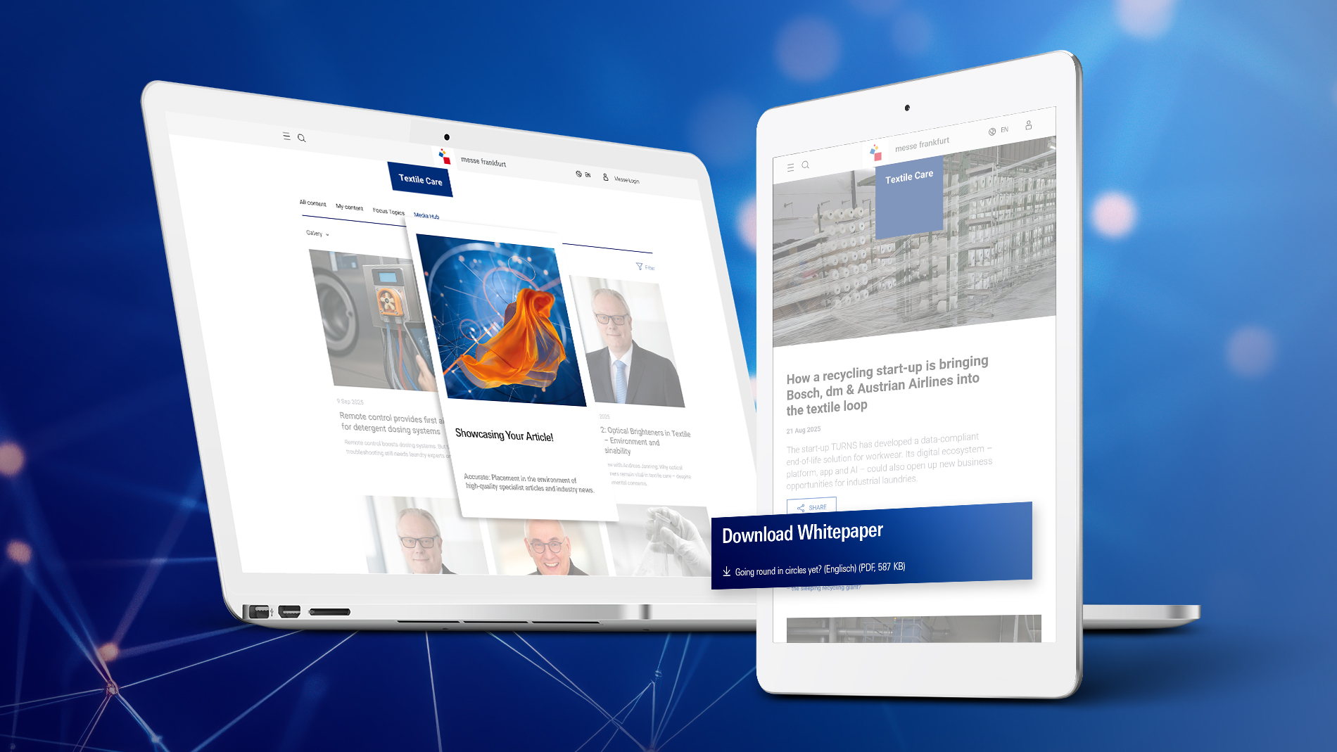 Laptop und Tablet mit Textile Care Website – Whitepaper-Download zu Textilrecycling und Innovation.