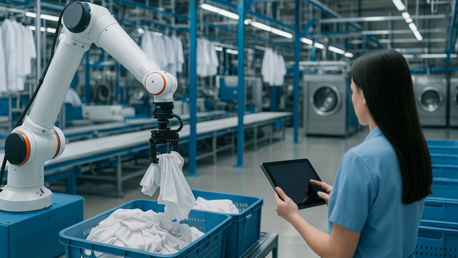 Industrie-Roboterarm in moderner Wäscherei hebt Wäsche, gesteuert von Mitarbeiterin mit Tablet