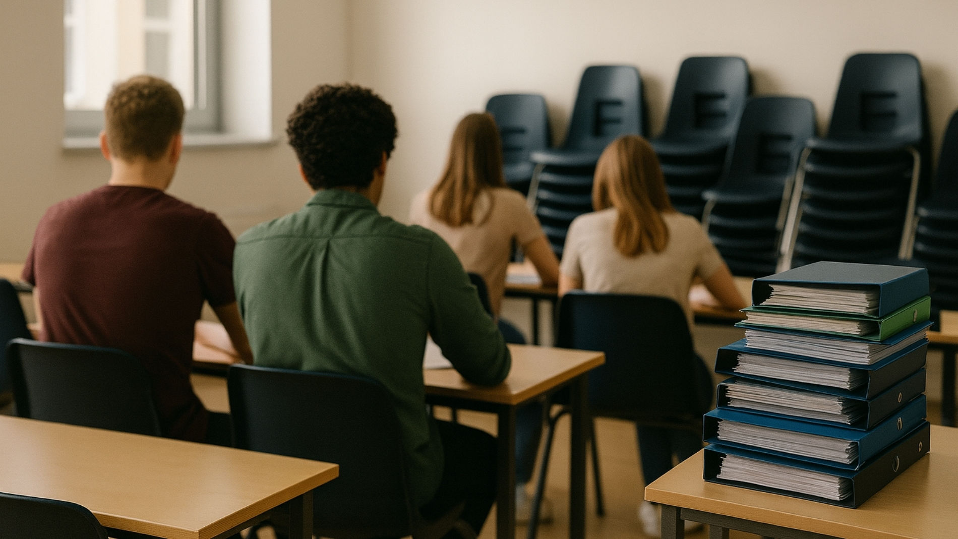 Schulungsraum mit jungen Erwachsenen, Aktenordnern und Stühlen für Weiterbildung