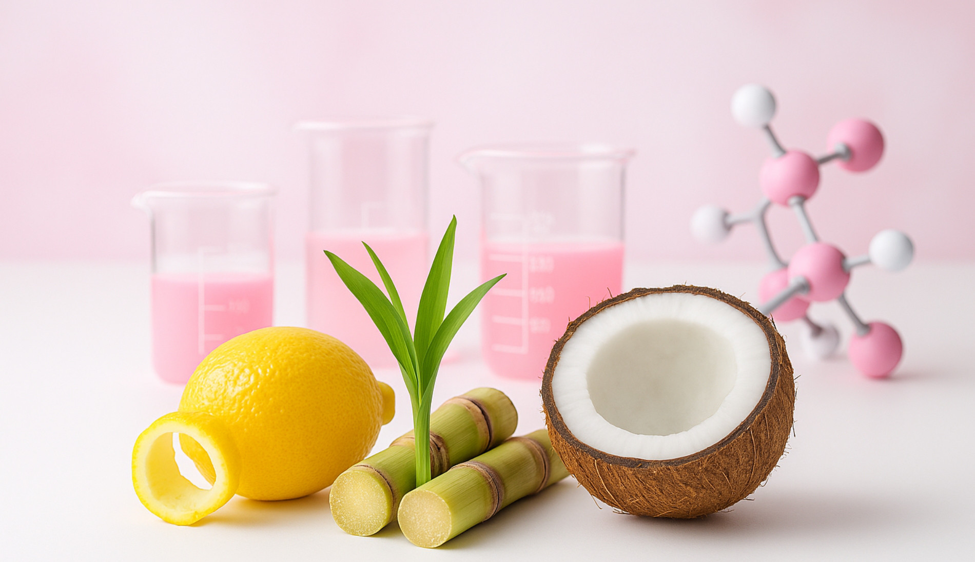 Lemons, sugar cane and a coconut in front of test tubes