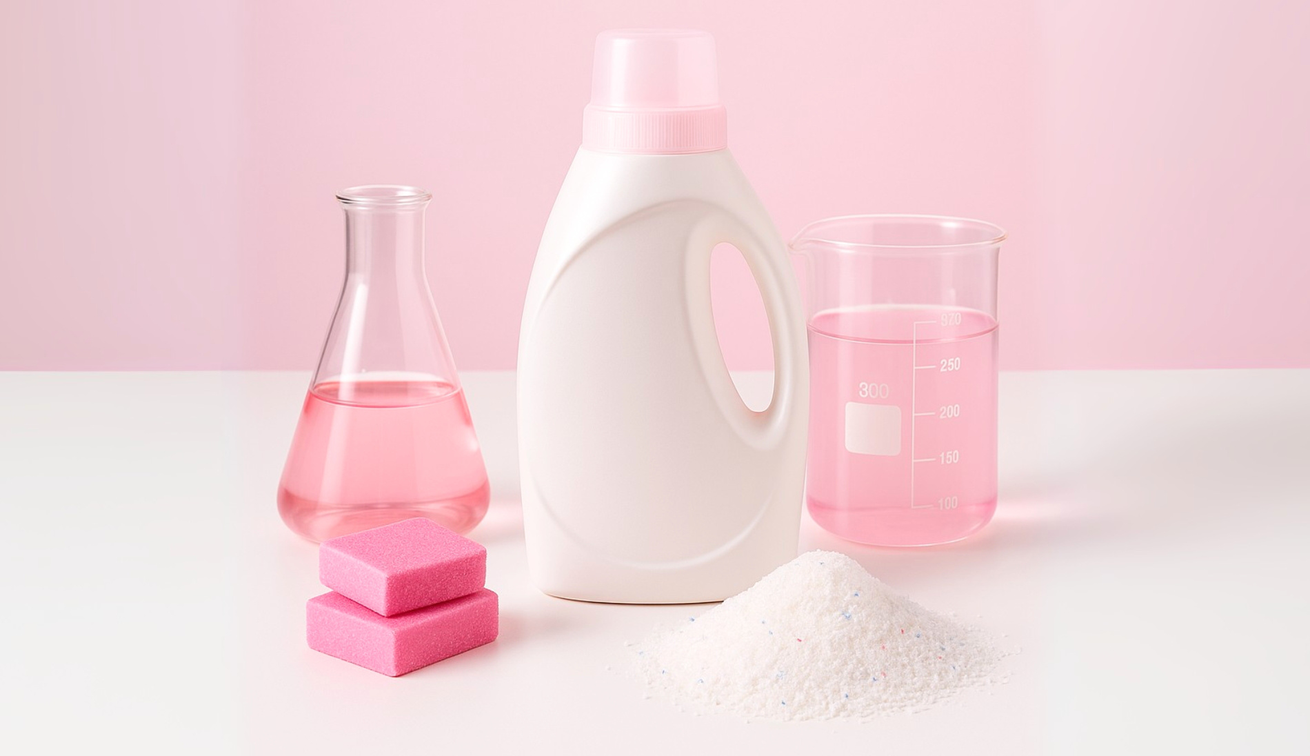Reagenzgläser mit rosa Flüssigkeit und eine Waschmittelverpackung